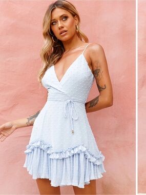 Selfie Leslie Light Blue Swiss Dot Ruffle Wrap Mini Dress